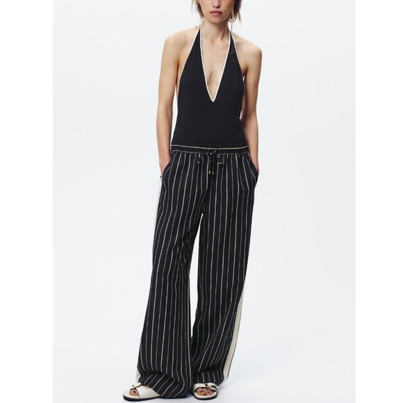 ZARA SIDE STRIPE DRAWSTRING WIDE LEG PANTS Dark Blue Cream Size Medium - Picture 3 of 10